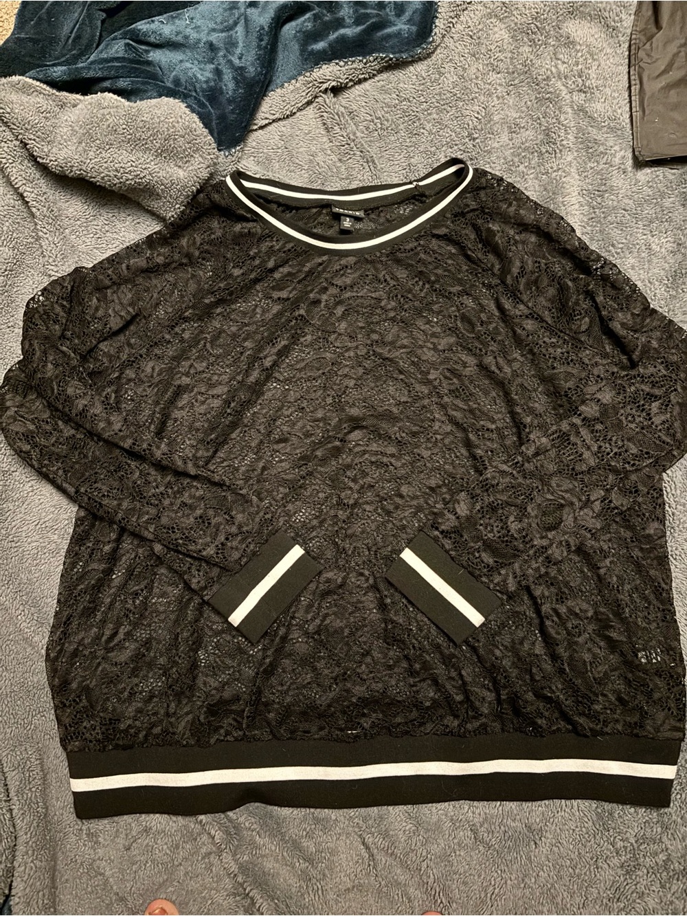 torrid Black Lace Crewneck Sweater with White Stripe Trim